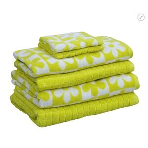 Kapoor Home 6-Piece Bath Towel Set Daisy Floral Checkered Lime Green White NEW